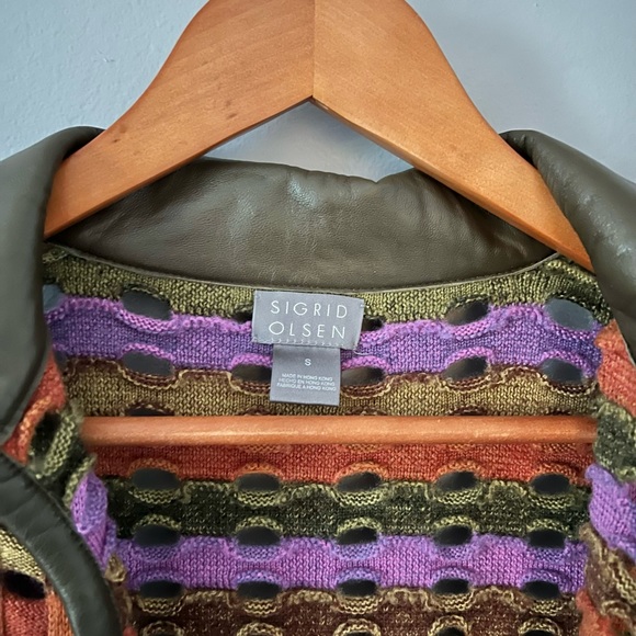 SIGRID OLSEN Open Cardigan Sweater Jacket Leather Trim Multi-Color Womens Size S - Picture 3 of 7